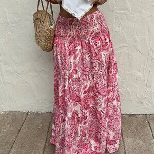 Pink Boho Women's Casual Paisley Printed A-Line Long Maxi Skirt